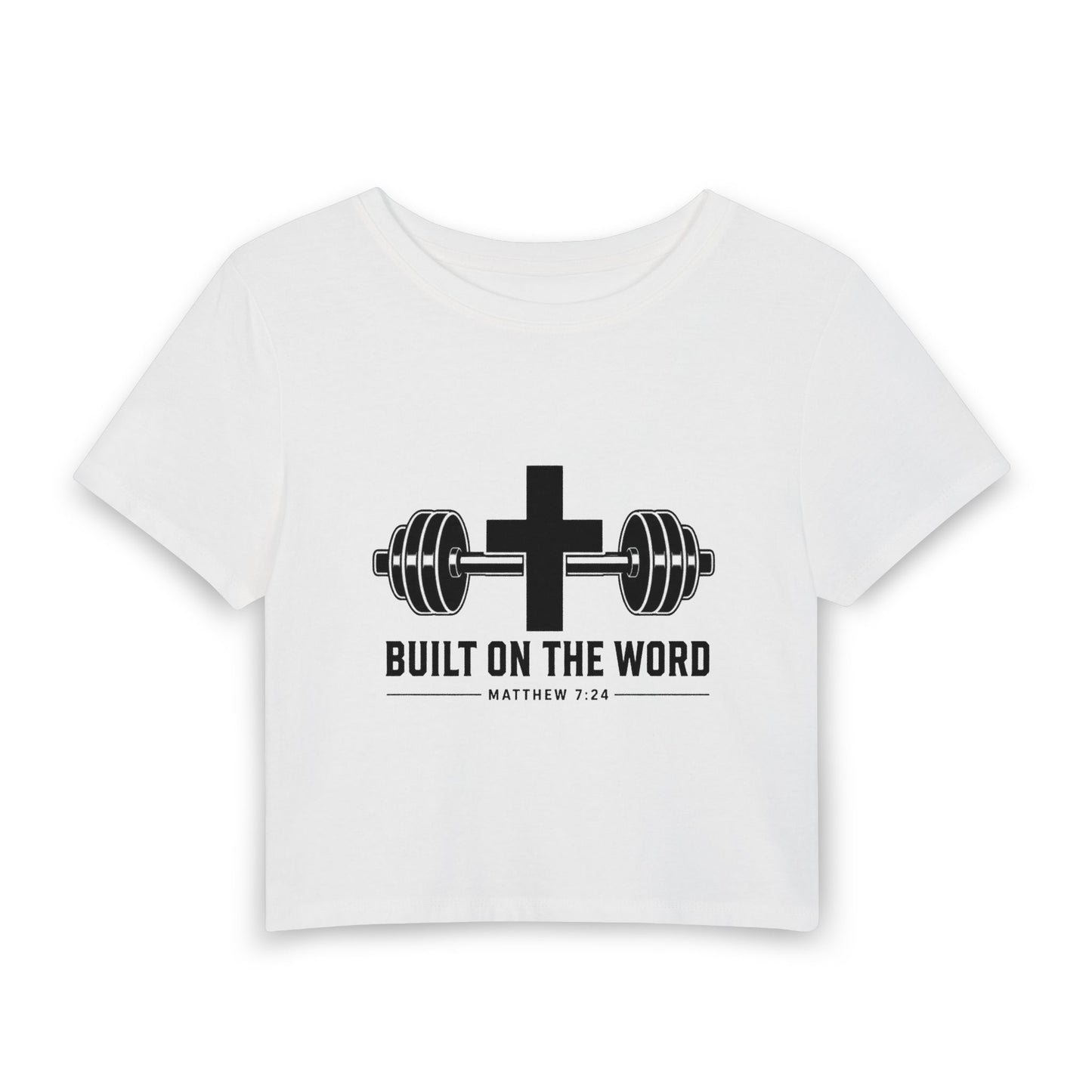 Christian Gym Crop Tee — "Built on the Word" Matthew 7:24 Fitness Shirt