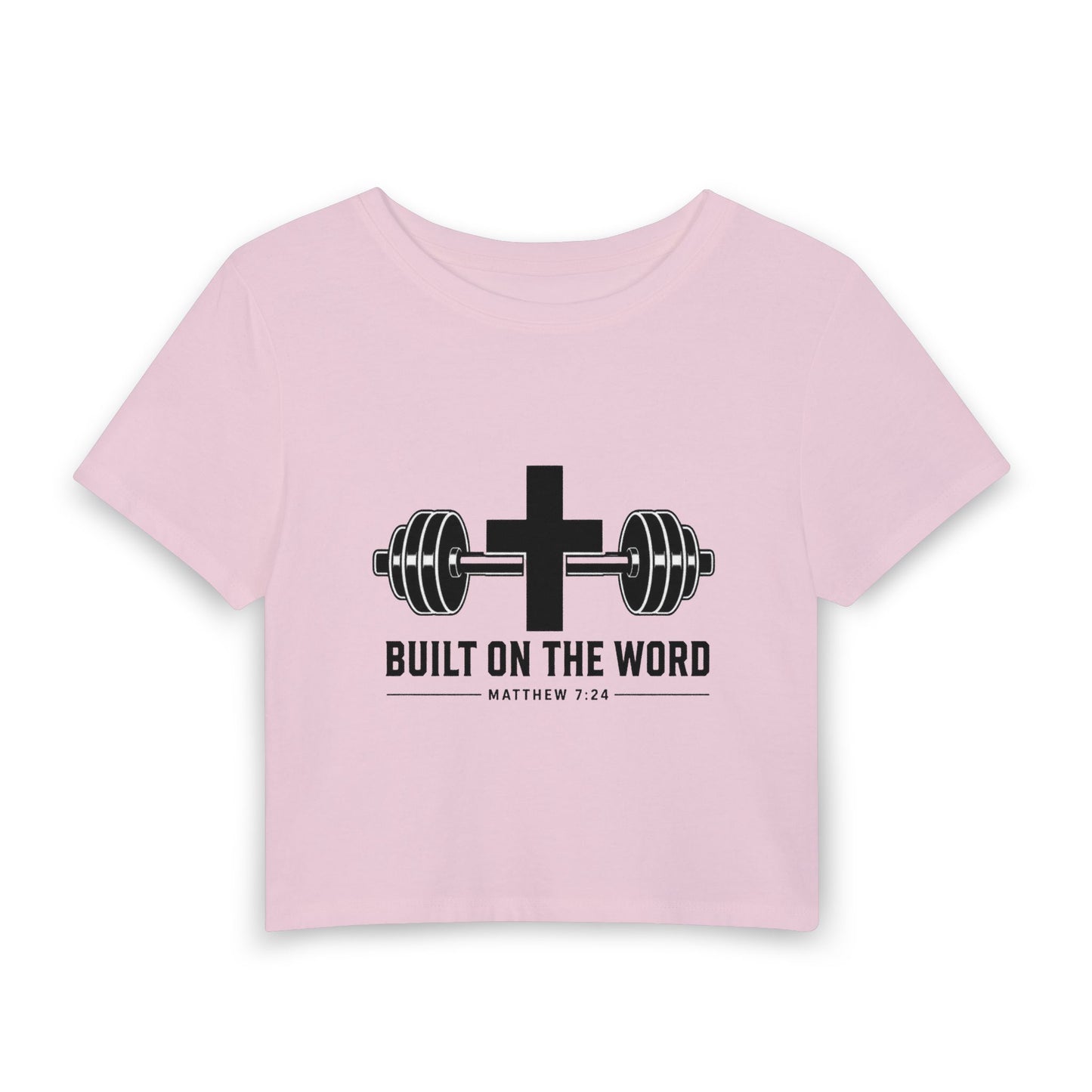 Christian Gym Crop Tee — "Built on the Word" Matthew 7:24 Fitness Shirt